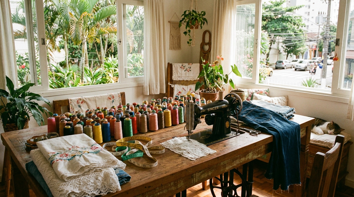 Fatima's home studio — a vintage sewing machine, spools of thread and fabric on a wooden table by the window.